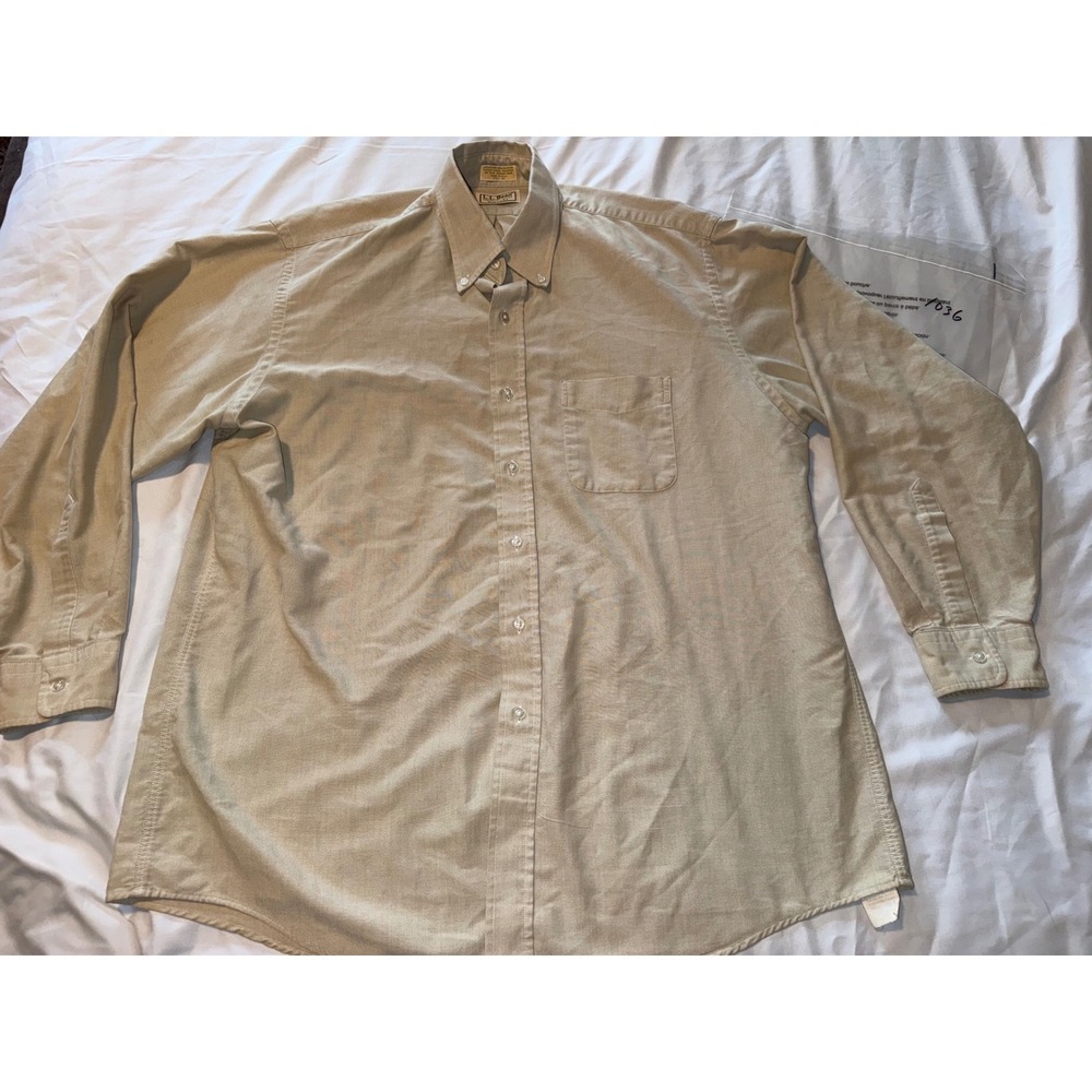 Vintage LL Bean Oxford Shirt Mens 17.5 35 Tan Khaki Button Down Made in USA